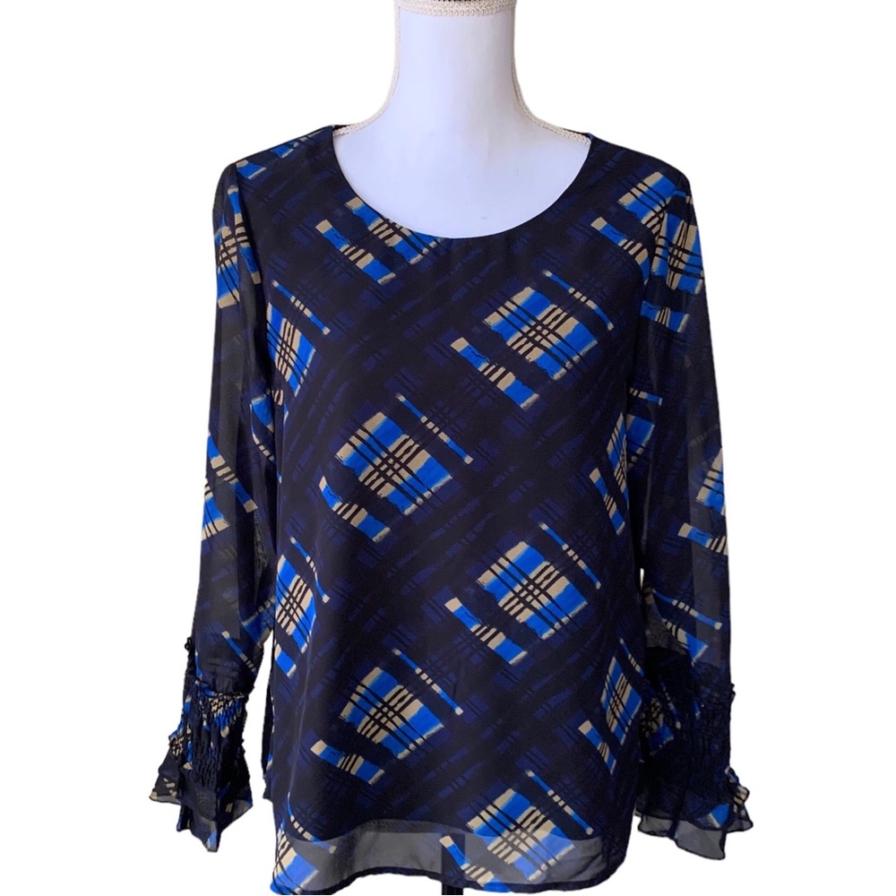 NANETTE LEPORE LONG SLEEVE PRINTED BLOUSE WITH SMOCKED CUFF IN BLUE YELLOW COLOR
